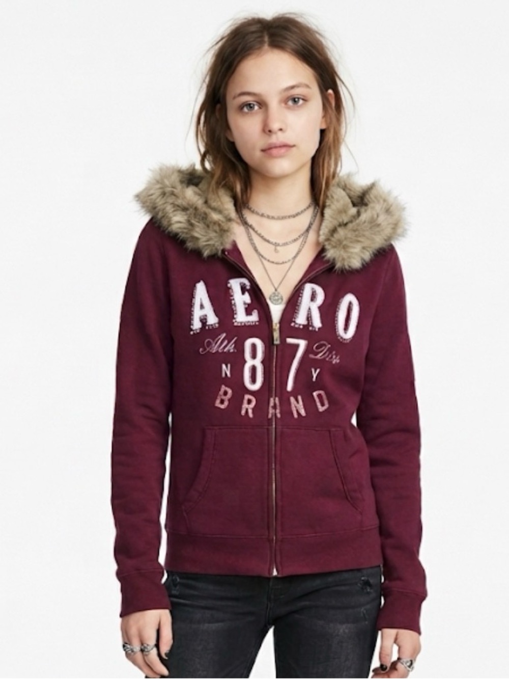 Vintage Y2K Aeropostale 87 Faux Fur Lined Zip-Up Hoodie Maroon XL